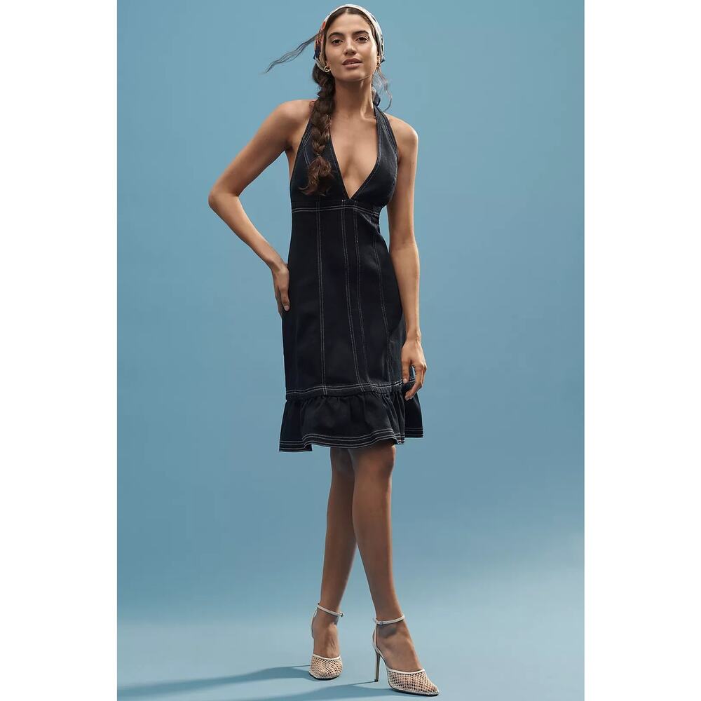 NWT Anthropologie Pilcro Halter Deep-V Seamed Open-Back Mini Dress $158 X-LARGE